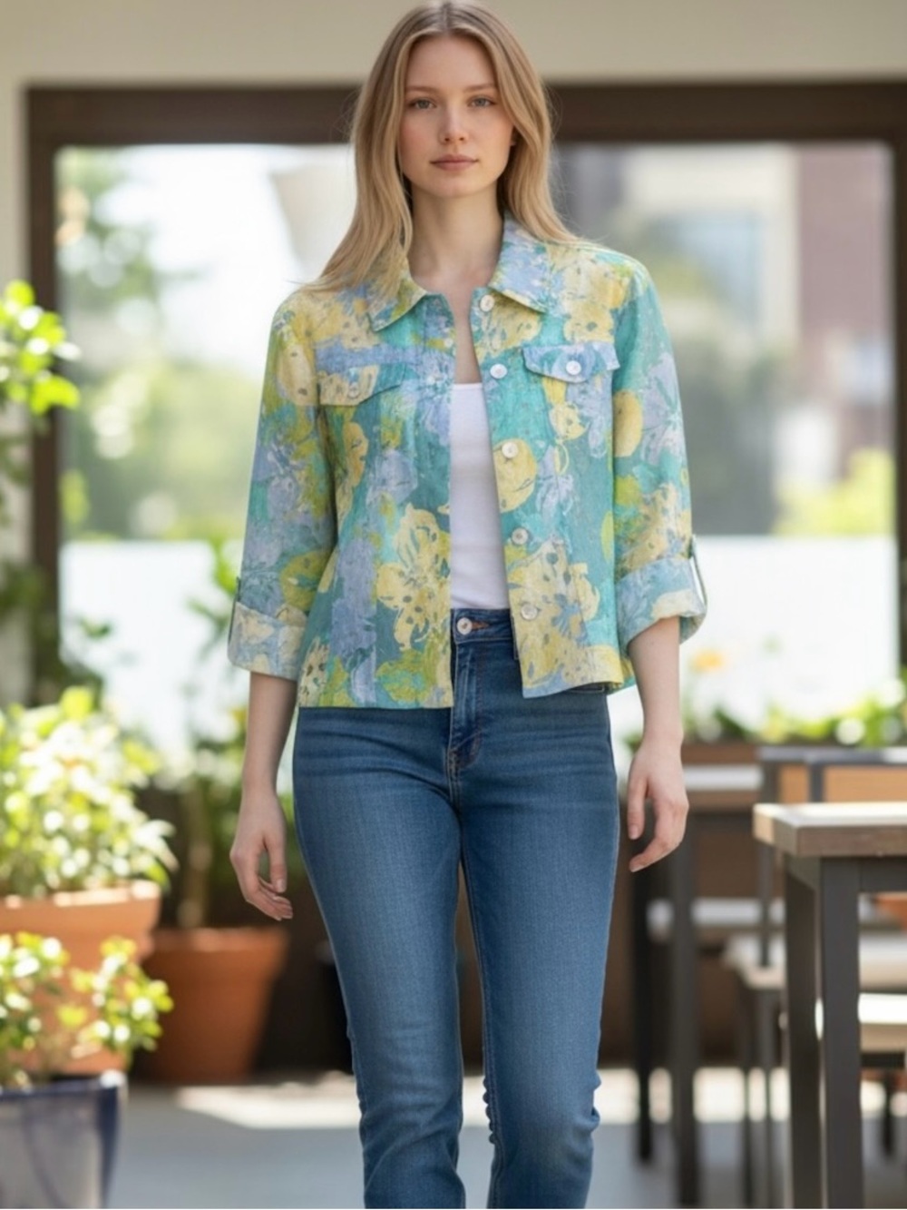 Ruby Rd Favorites Linen Blend Floral Roll-Tab Sleeves Burnout Shirt Jacket Sz 8P